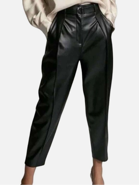 Babaton Pants - Babaton Black Vegan Leather Cropped Tapered Pants with belt